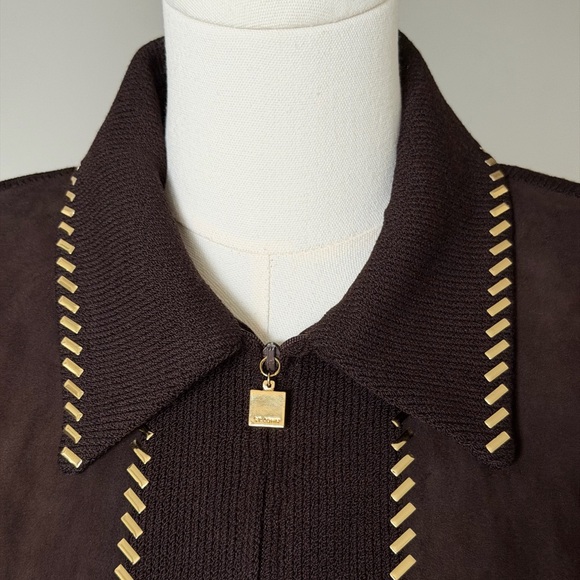 ✨ St. John Collection Knit & Suede Brown Blazer Jacket with Gold Tone Chain Trim - Picture 3 of 16